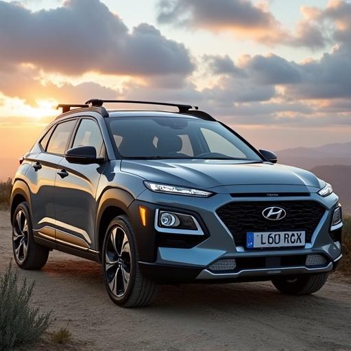 Hyundai Creta SUV in grey color parked on a dirt road with mountains in the background during twilight.