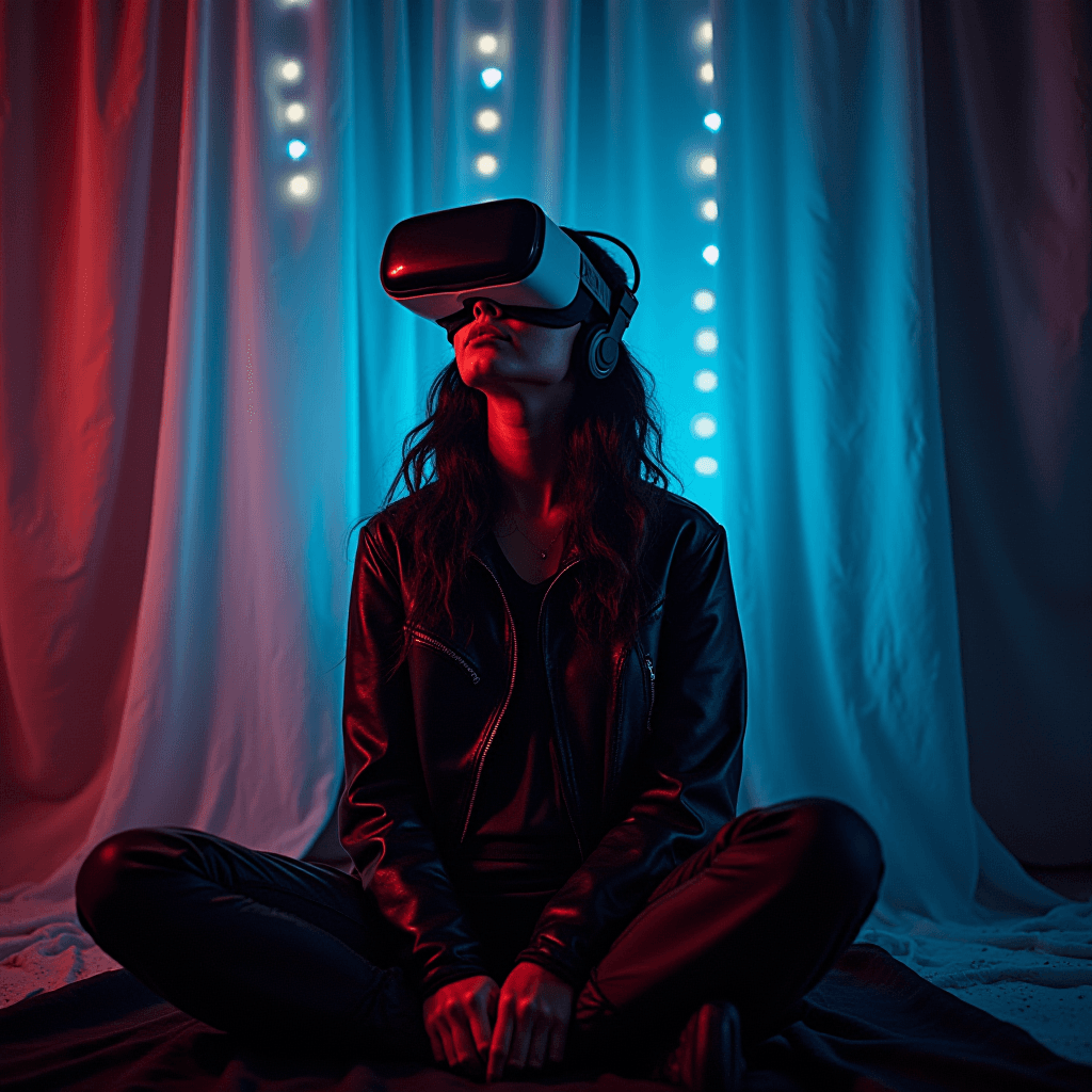 A person sits cross-legged wearing a VR headset under red and blue lighting.