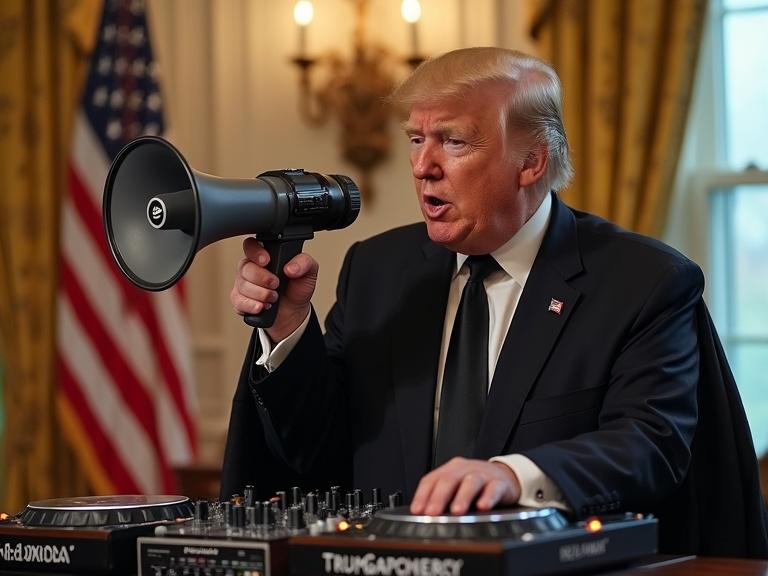 Ayatollah Khamenei DJing with Pioneer CDJ 3000 inside the White House. Donald Trump holds a megaphone nearby. Room with historical decor and American flag.