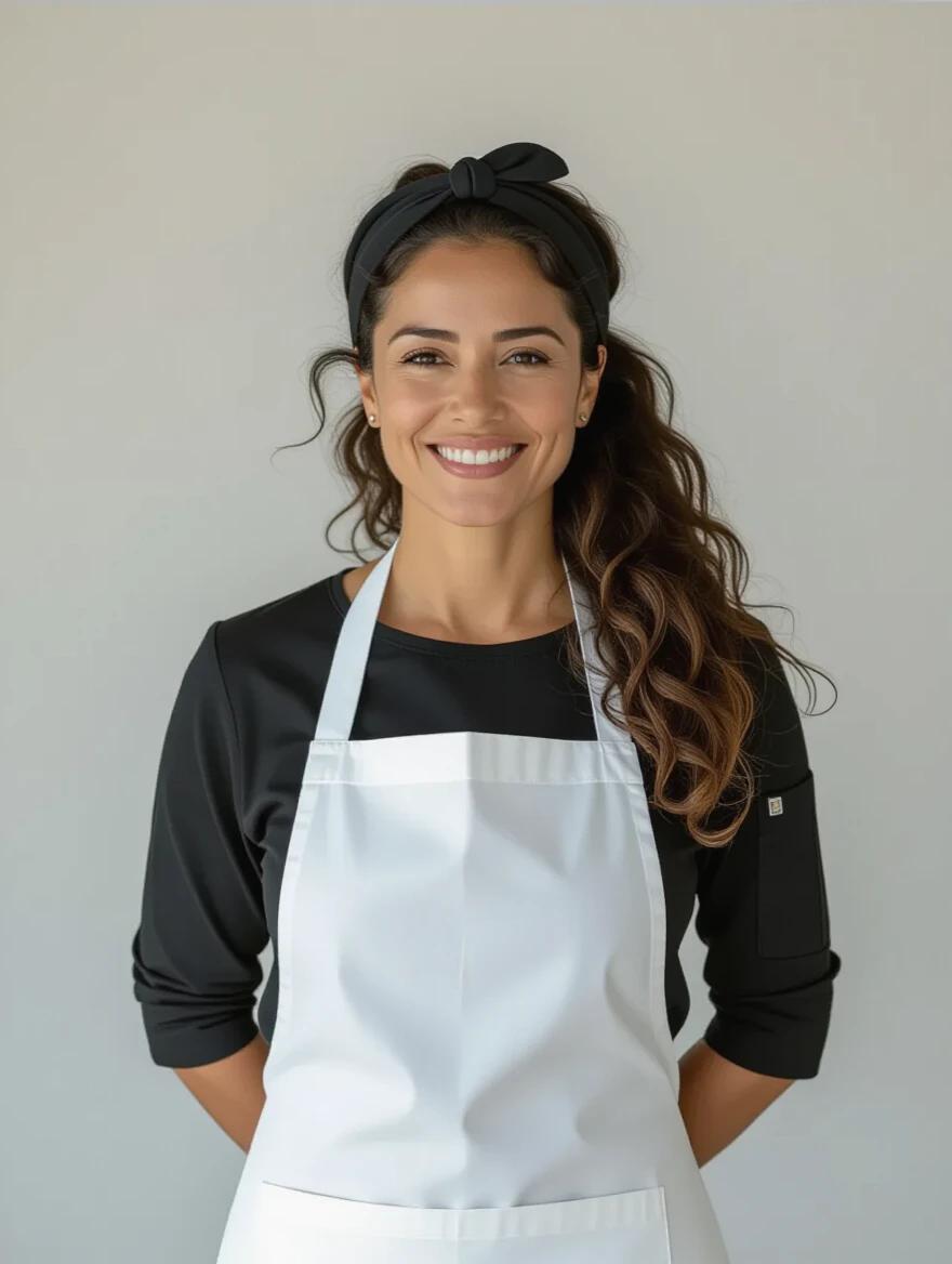 A Brazilian woman stands smiling in an apron. Background is light-colored with a calm ambiance. She wears a black chef shirt under a black apron. Long curly hair is tied with a black headband. The scene suggests a culinary setting. Realistic details and natural lighting are emphasized.
