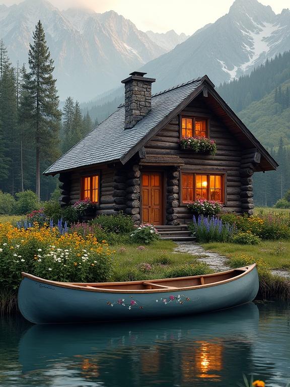 A serene log cabin by a mountain lake. Cabin made of logs with a graysh-blue roof and stone chimney. Surrounded by wildflowers and tall evergreen trees. Calm lake reflecting the cabin and nature. A gray canoe rests near the bank.
