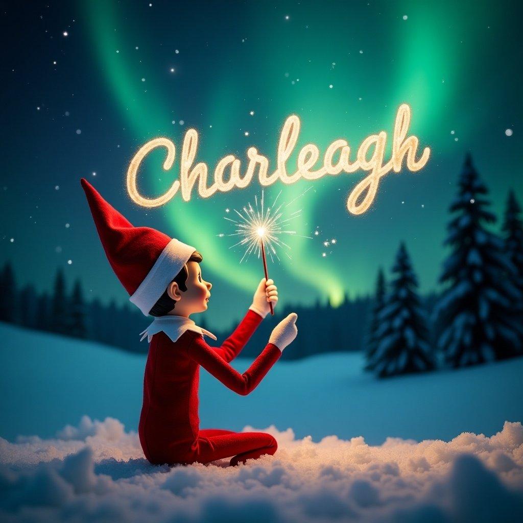 This image showcases an elf on the shelf positioned with its back to the viewer. The elf, dressed in a traditional red outfit, is facing up towards a beautiful dark sky filled with vibrant northern lights. With a magic wand in hand, it is elegantly writing the name Charleigh in sparkling letters against the backdrop. The snowy ground adds a serene touch to the magical scene. The overall atmosphere is filled with wonder and holiday joy, perfect for capturing the essence of Christmas.