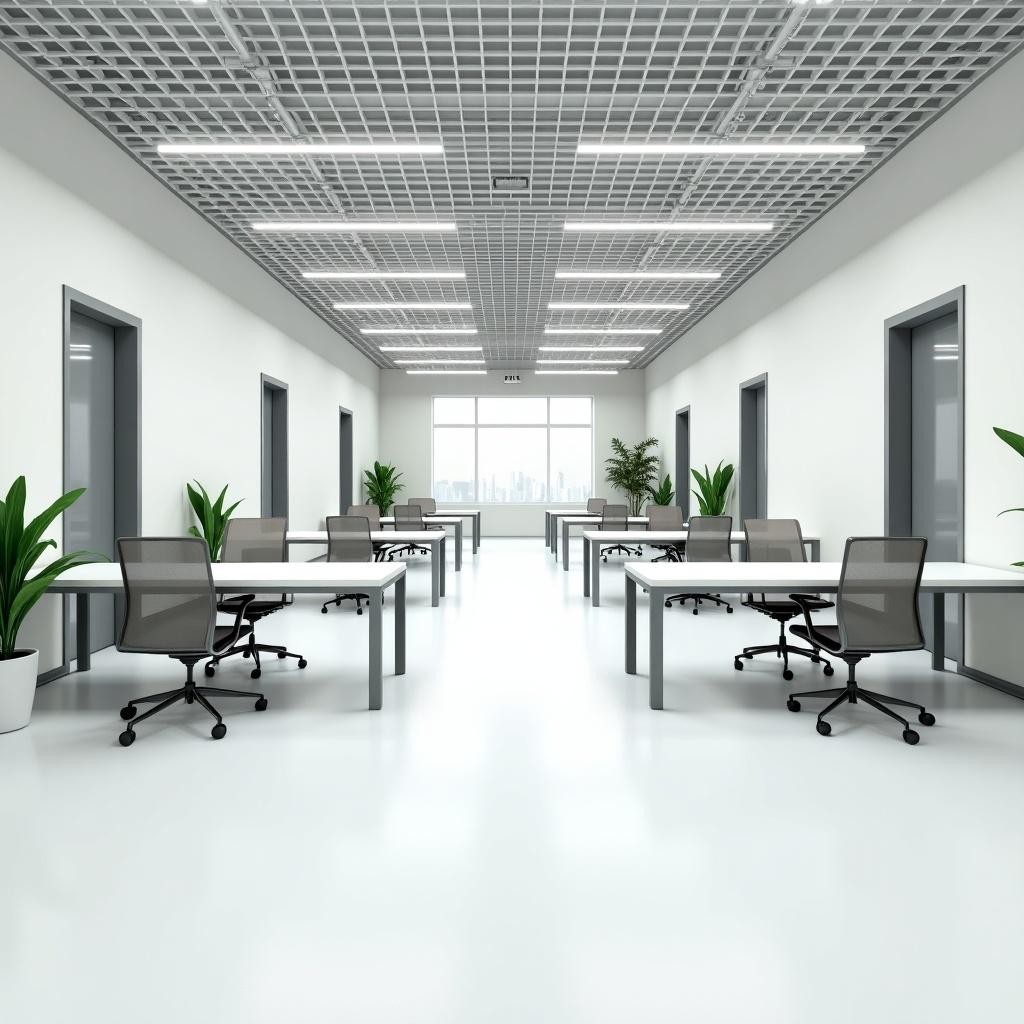 Interior design of a modern office space featuring a large open floor. Clean and minimalist aesthetic with desks and office chairs in the center. Doors along one wall likely lead to other rooms. Grid-like ceiling structure used for technical purposes. Neutral color scheme of whites and grays for a professional atmosphere. Ergonomic and minimalistic furniture designed for comfort. Desks arranged for collaboration with potted plants for greenery.