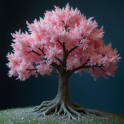 Hyper-realistic image of a tree made of crystals and diamonds. Tree has pink blossoms and strong roots. Background dark to emphasize the tree.