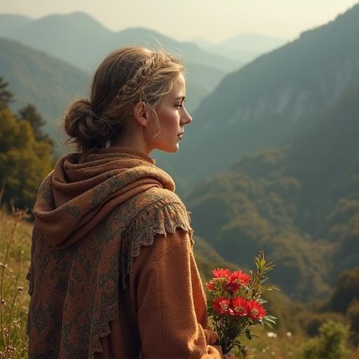 An elegant woman in traditional attire standing in a mountainous landscape holding flowers. Soft lighting enhances natural beauty and the serenity of nature. Scenic backdrop of mountains creates a peaceful ambiance.