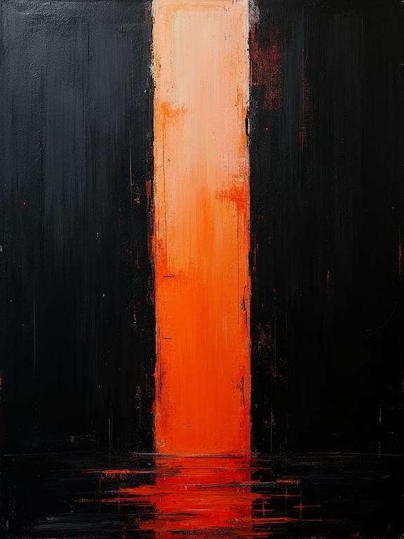Digital oil painting features black background. Artwork uses harsh paint strokes. Contains cubist unfinished elements. Features flat colors in unique silhouette design. Minimalist style showcases shifting voids of colors. Shadows combine with cubist white noise. Edges shaped like film strips.