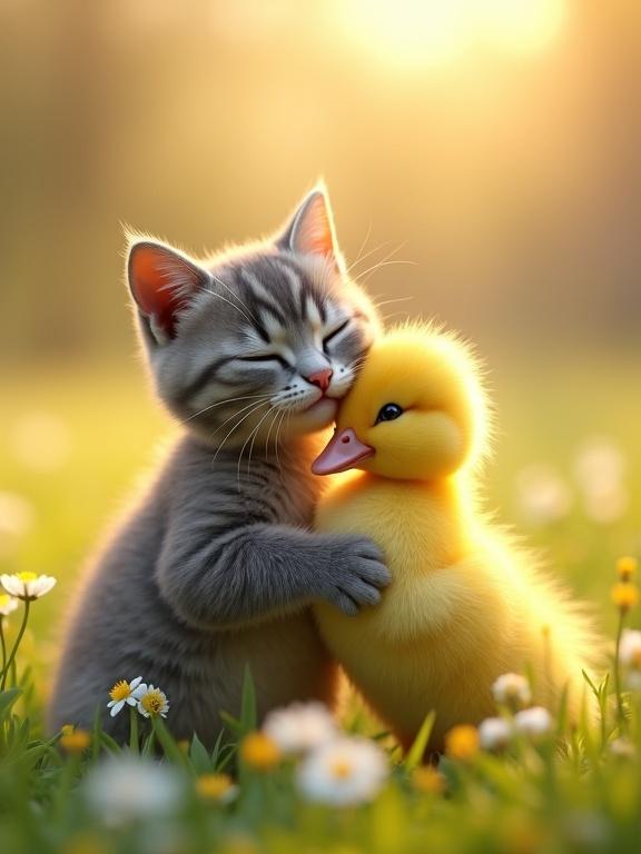 A grey tabby cat and a yellow duckling hugging each other in a sunlit meadow. Both are smiling with eyes closed. Flowers surround them. The atmosphere is warm and peaceful. The image has a shallow depth of field and a cinematic feel.
