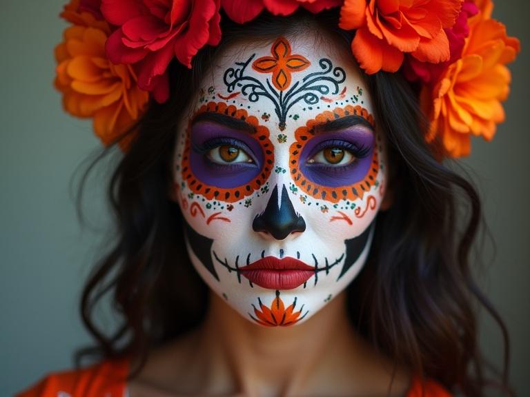 Medium shot of a woman adorned with colorful face paint for Día de los Muertos. Decorative flowers in the hair. Vibrant colors dominate overall appearance.