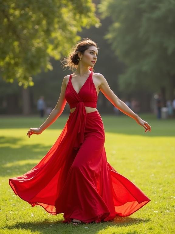 A woman dances playfully in a park. She wears a flowing red saree. The saree billows around her as she twirls. The scene is vibrant with greenery. Natural light enhances her movement.