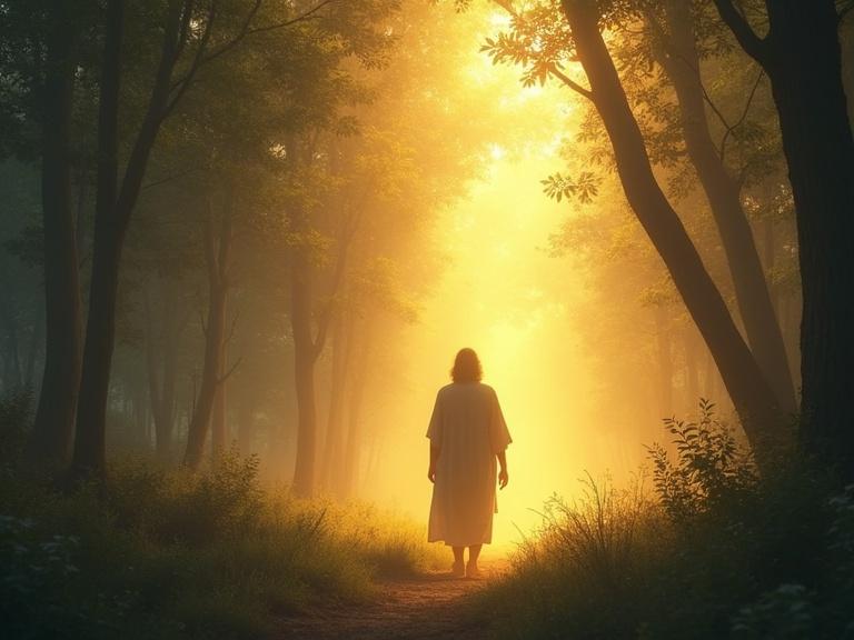 Enoch standing in a mystical forest with glowing light surrounding him. The atmosphere is filled with a sense of awe and divinity. Warm light cascades through the trees, illuminating the scene.