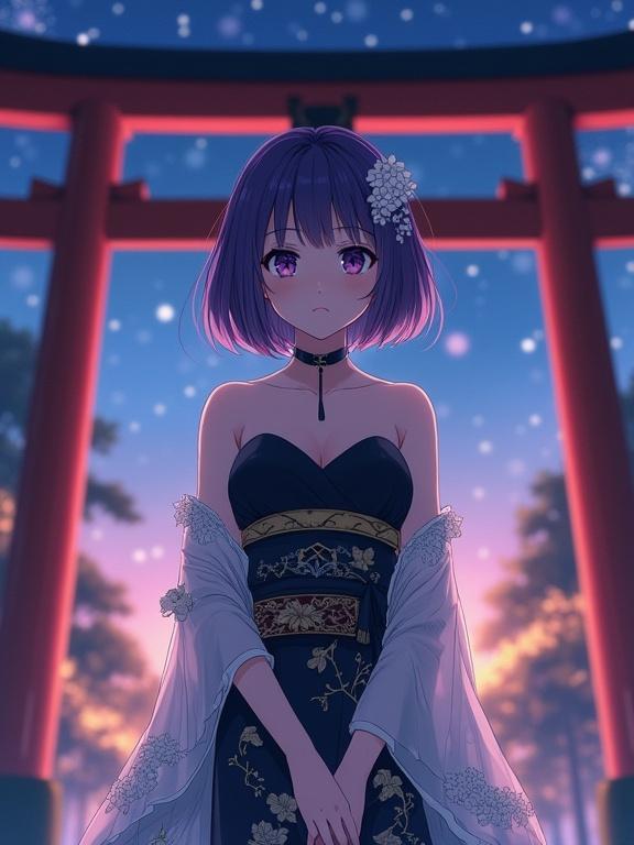 Vertical high-angle portrait of a young woman in manga style standing before a traditional torii gate. She has short dark violet hair with a white floral accessory. Dark violet eyes convey intelligence. Wearing a strapless black dress with white floral patterns, cinched at the waist with a dark obi. White sheer sleeves with gold patterns covering her arms. Hands elegantly clasped. Black choker adds sophistication. Dramatic lighting creates a magical ambiance against a starlit background.