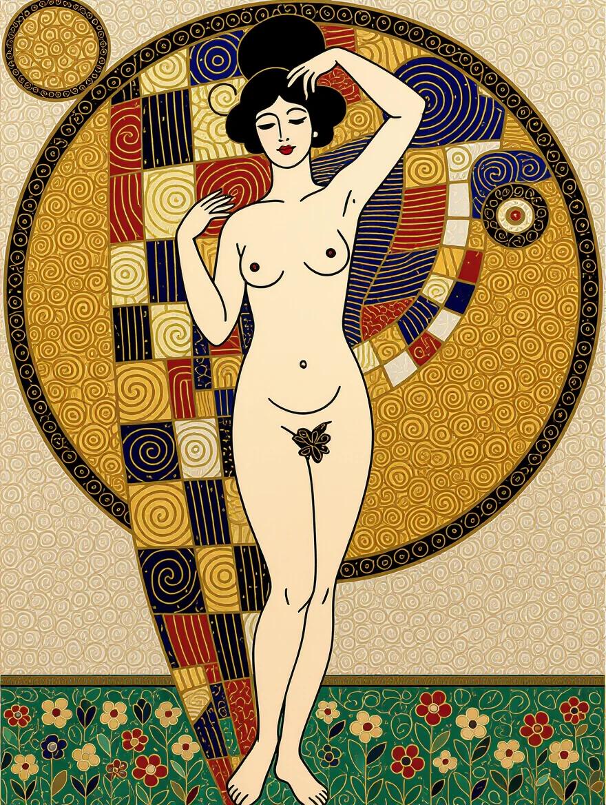 Art inspired by Klimt's style. Features a nude female figure with a butterfly. Decorative background with spirals and vibrant colors. Glamorous mixed media. Emphasis on beauty and sensuality.