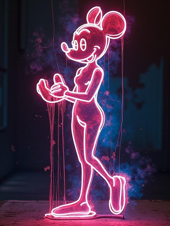 Neon lights illustration featuring a stylized character reminiscent of a Disney mascot. Character has a playful pose and bright colorful glow in a dark background, emphasizing vibrant artistic design.