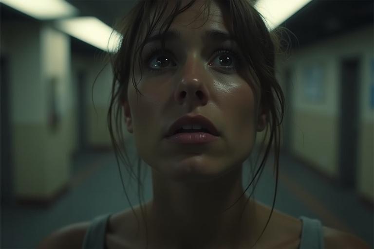 Close-up portrait of a distressed person in a dim hallway. Eyes show intense anguish. Overhead fluorescent lights create flickering shadows. Walls in muted tones of grey and brown enhance feelings of isolation and despair.