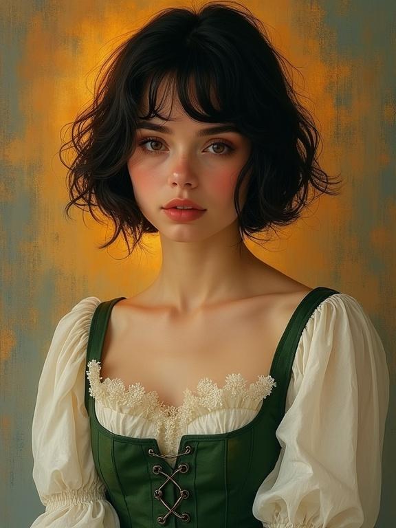 Intimate portrait of young woman with dark bob haircut. Soft natural makeup. Gentle expression. Wearing white blouse with green corset. Warm golden sunset lighting. Textured painterly background. Orange and blue colors. Digital painting in oil aesthetics. Romantic and nostalgic mood. Medium close-up composition.