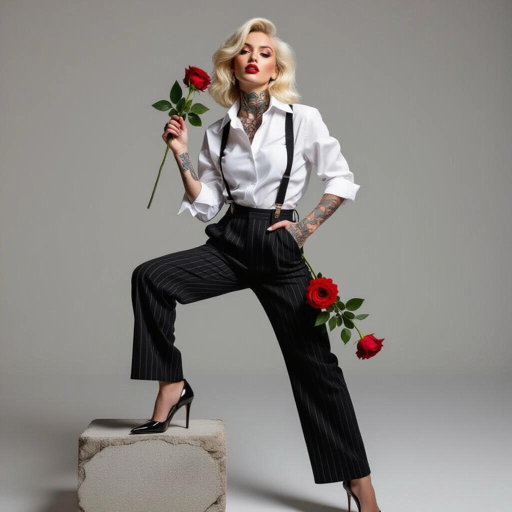 Striking minimalistic scene featuring a confident figure standing on a broken concrete block. Bold mix of elegance and rebellion with a crisp white shirt and pinstriped high-waisted trousers. Glossy black stilettos complement the outfit. Tousled blonde waves frame her face. Dramatic red lip contrasts with intricate tattoos on arms and neck. Clutching a vivid red rose. Dark background enhances mood of defiance and allure.