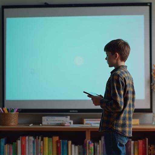 Middle school boy learning from a smart board in a classroom setting. He is holding a device and looking engaged. The background features a neatly organized shelf with books.