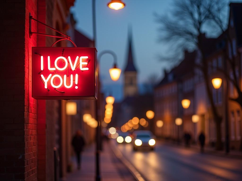 A charming and cozy street scene at dusk, illuminated by warm, glowing street lamps. In the foreground, a neon sign displays the romantic phrase "I LOVE YOU !" in bright, inviting colors. The background features softly blurred buildings and a distant church spire, adding to the romantic atmosphere. Gentle traffic rolls by, with car headlights twinkling like stars. The overall ambiance is affectionate and warm, ideal for a lovely evening stroll.