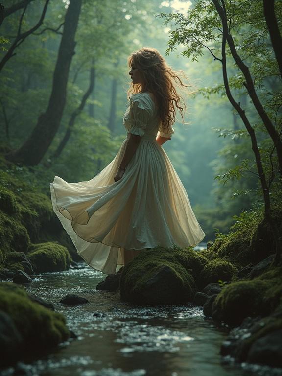 A beautiful middle aged woman stands in a forest with a flowing dress. The surroundings are lush and magical with soft light.