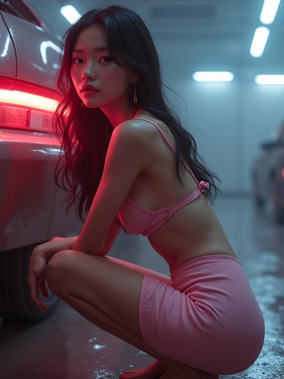 A beautifully lit scene in a garage features a young adult female model. She wears a wired pink foam bra and a skirt, kneeling while surrounded by a misty atmosphere. The lighting creates a surreal effect with dramatic contrasts. Focus on her elegantly posed figure near a car with glowing lights. The background is artistically blurred to emphasize the model's features.