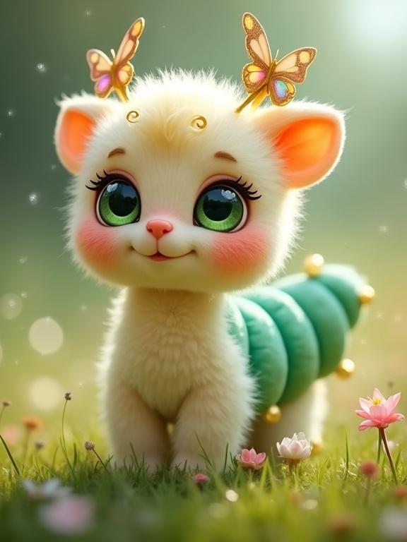 Charming caterpillar-like creature with a fluffy body and butterfly clips. Cutely smiles with large expressive eyes. Sitting in a flower-filled garden with a soft glow. Unique fairy-tale character design.