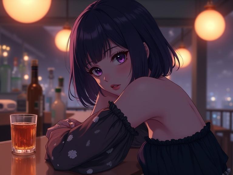 Illustration of an anime woman with dark violet shoulder-length hair and soft bangs. She has dark violet eyes and a melancholic expression. Wearing an off-the-shoulder bustier top with a floral pattern. Leaning at a bar with forearms on the counter and a glass of amber drink to the left. The scene is dimly lit and intimate with a modern feel. Warm lighting and soft reflections are present. The shot is eye-level and slightly angled with a shallow depth of field, focusing on the woman.