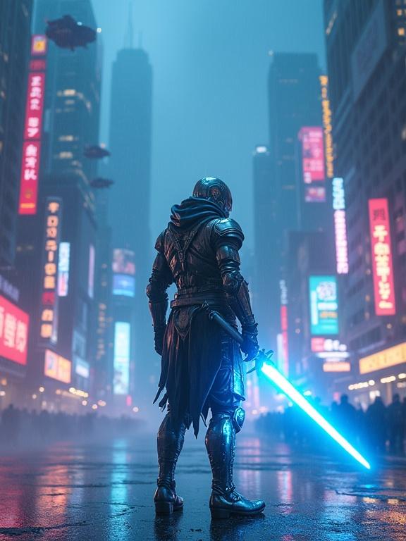 Futuristic cyberpunk warrior stands in neon-lit metropolis. Warrior holds glowing plasma sword. Armor is sleek and reflective. Background showcases dense urban cityscape. Skyscrapers and flying vehicles are in misty air. Atmosphere is dystopian and dynamic. Rain creates glossy effect. High detail artwork inspired by Giger and Dali.