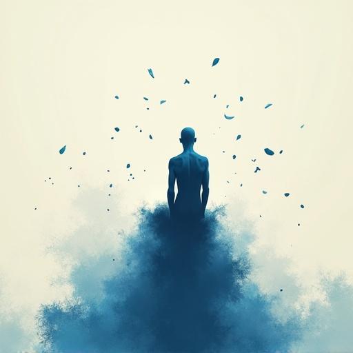 Bald minimalist figure depicted in silhouette against a softly colored background. Tall and thin man with a single blue-colored body, positioned centrally. Surrounded by a cloud-like form with petals descending. Dreamlike minimalist atmosphere evokes emotion through abstract artistry.