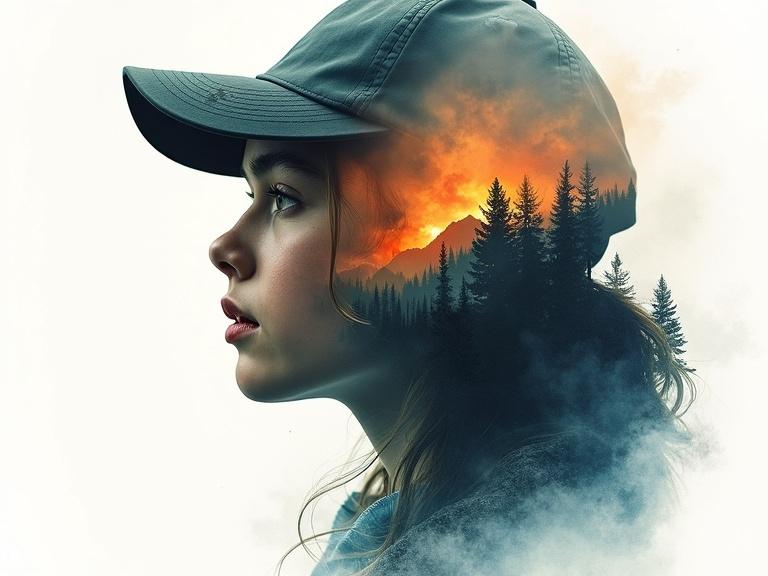 A close-up profile of a teenage girl with a cap. The face artistically blended with a mountain waterfall and a lush forest. An apocalyptic landscape with thunderstorm elements. Flames in red, orange, and yellow create an atmospheric feel. This is a double exposure art style on a white background. Foreground clouds and a background forest add depth. Created in a digital art style similar to Ash Thorp and Simon Stalenhag. Features cinematic, dystopian, and fantasy elements with inky sketch strokes and gradient wash effects.
