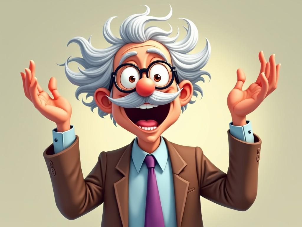 a cartoon illustration of an enthusiastic professor with wild white hair, big glasses, a brown suit, and a purple tie, looking amazed.