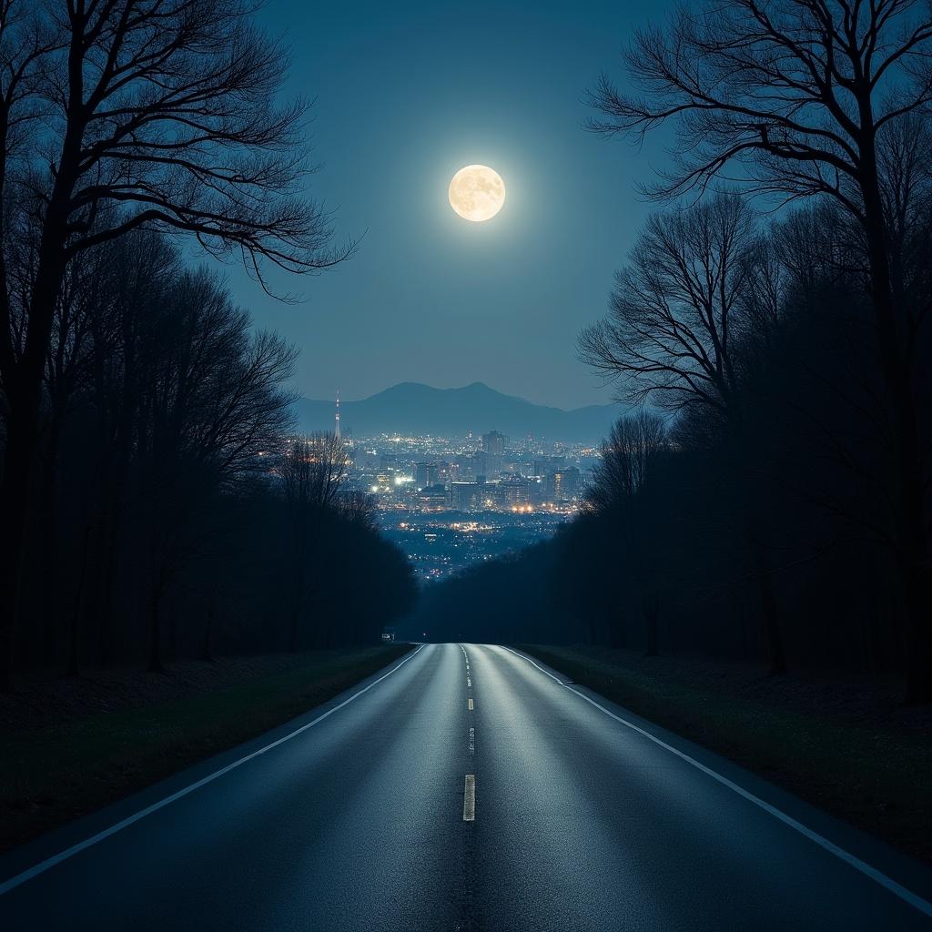 A serene road lit by moonlight descends through trees to a brightly illuminated city skyline at night.