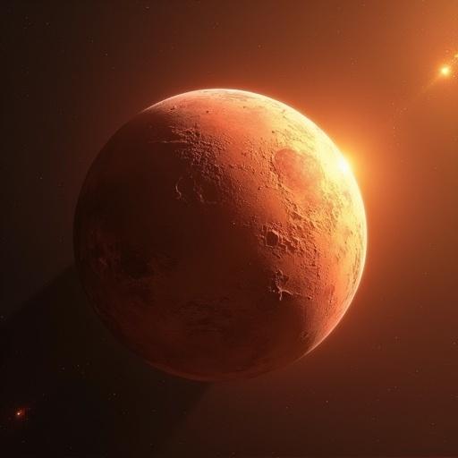 Generate an image of a reddish sand desert planet with mountain ranges and craters, featuring active volcanoes and reddish-yellowish poles, as viewed from space.