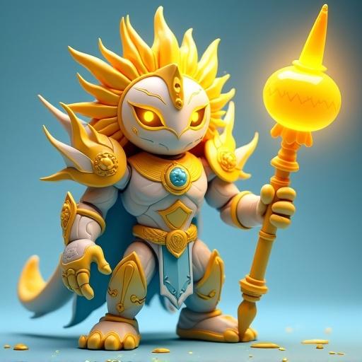 Design fantasy cartoon-style toy Radiant Sovereign leader Tribe of Light. Majestic armored body smooth reflective surfaces. Sun-shaped mask with glowing golden eyes and radiant symbols. Removable extendable solar staff glowing yellow core sunburst-patterned tip. Wing-like appendages as foldable light-blades. Cartoonish high-contrast PVC style glossy paint bold outlines. Color palette gold white light blue translucent yellow.