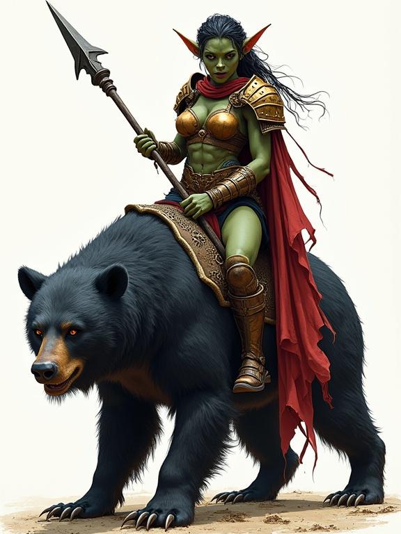 Hand-drawn rotoscoping sketch. Cinematic composition with high contrast and vivid colors. Detailed skin and fabric with bold outlines. Female goblin with spear in heavy armor riding a black bear.
