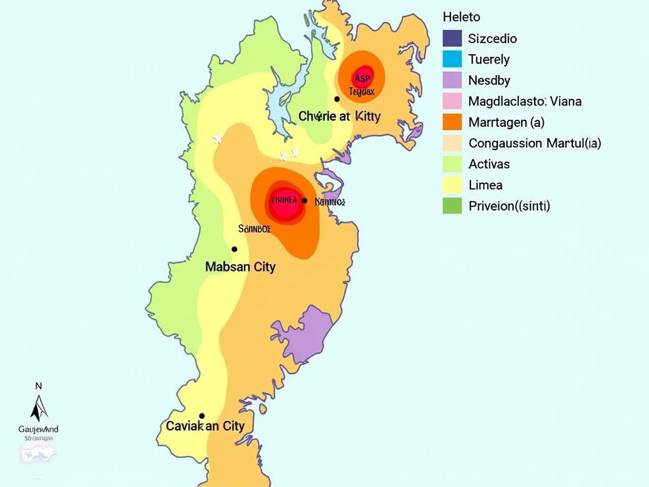 This image is a colorful climate zone map of Mariveles, Bataan City. It highlights various regions, each represented by different colors to indicate climate indicators. Notable areas are marked for reference, providing users with a clear understanding of the geographical landscape. The map features a top-down perspective that enhances the visual appeal. The vibrant color scheme makes it suitable for educational and informational purposes.