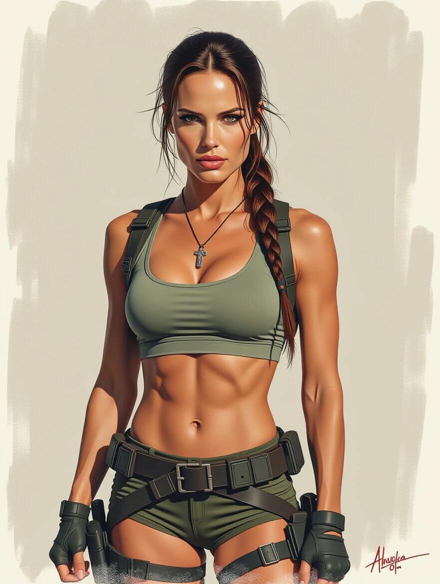 Extreme realistic image featuring an athletic female character inspired by video games. The character showcases a fit physique wearing tactical gear. The image exhibits great contrast with an analog film aesthetic.