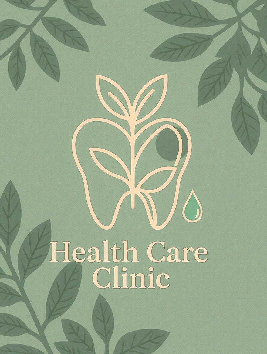 Design a logo for Health Care Clinic focused on natural dentistry. Include stylized leaf with geometric tooth. Colors are muted sage green and warm gray with a light blue drop. Use a friendly sans-serif font such as Lato. Aim for a gentle and caring feel.