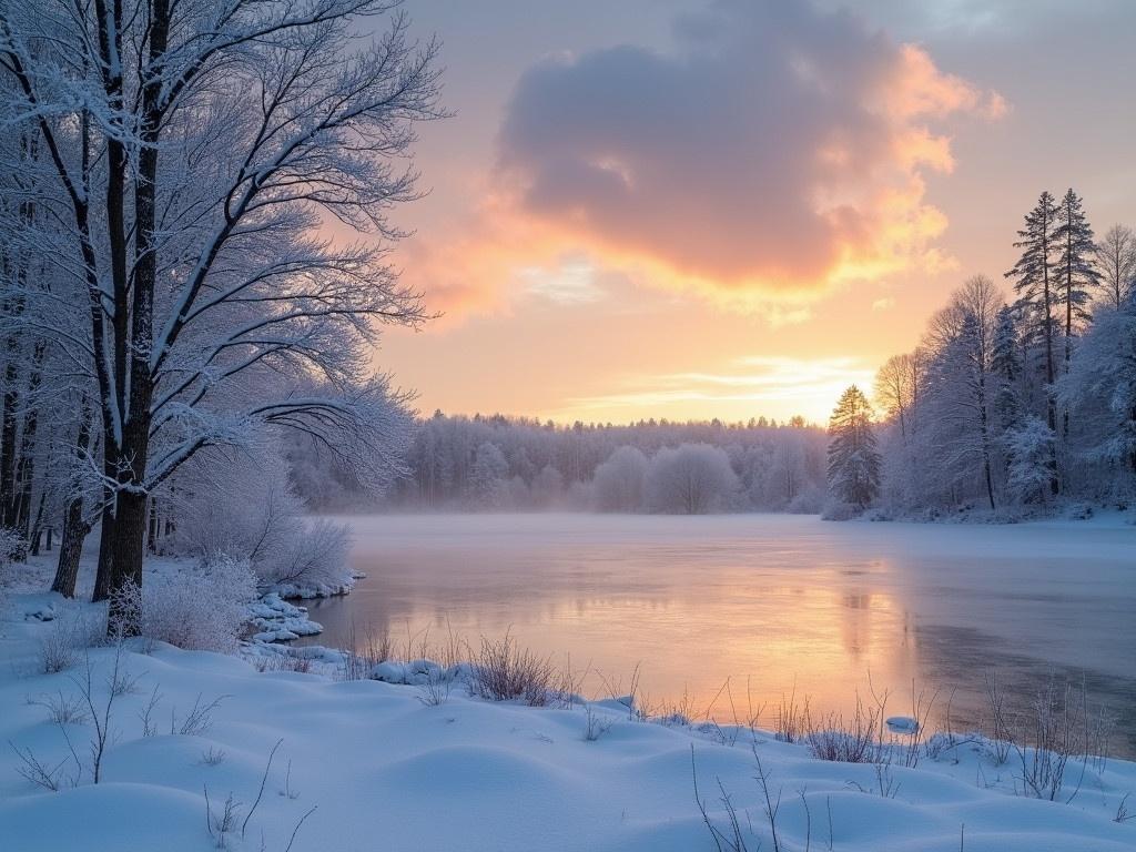 A tranquil winter scene is depicted, showcasing a serene frozen lake surrounded by snow-covered trees. The ground is blanketed in white powdery snow, creating a peaceful ambiance. In the background, tall trees are adorned with delicate frosty branches, and there are hints of bare spots where the bark is visible. The sky above transitions from deep blues to warm oranges and yellows, as the sun begins to set, casting a golden glow over the landscape. Soft clouds float gently, creating a picturesque combination with the vibrant sunset. This idyllic setting captures the essence of a quiet winter evening.