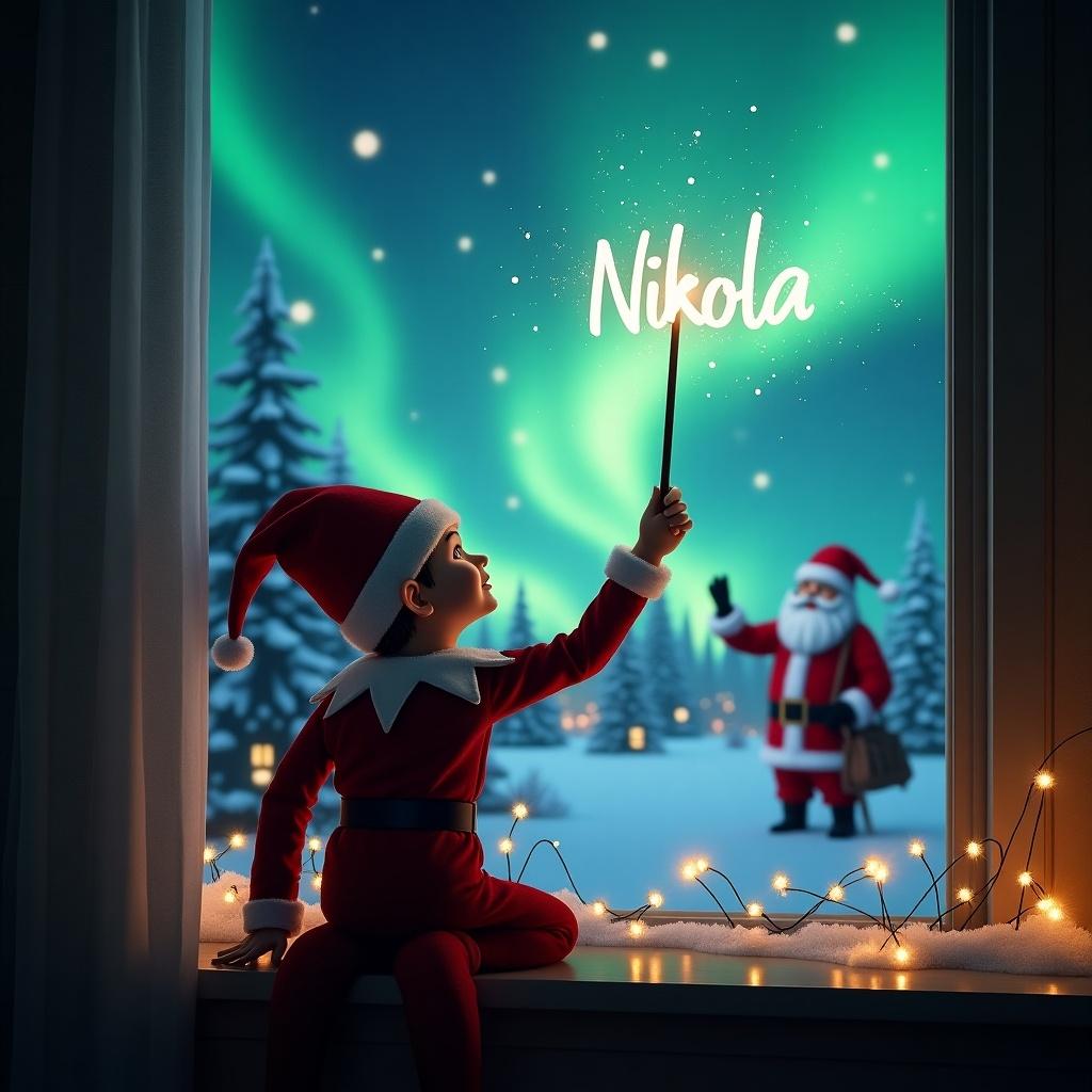 The image showcases a child-like elf character with their back to the viewer, facing a magical sky filled with vibrant northern lights. The elf, dressed in a classic red outfit with a pointed hat, is using a wand to write the name 'Nikola' in sparkling letters against the backdrop. In the background, Santa Claus can be seen holding a bag, adding to the festive atmosphere. The scene conveys a sense of wonder and holiday joy, decorated with twinkling lights along the window's edge. Overall, it embodies the spirit of Christmas and the enchantment of childhood.