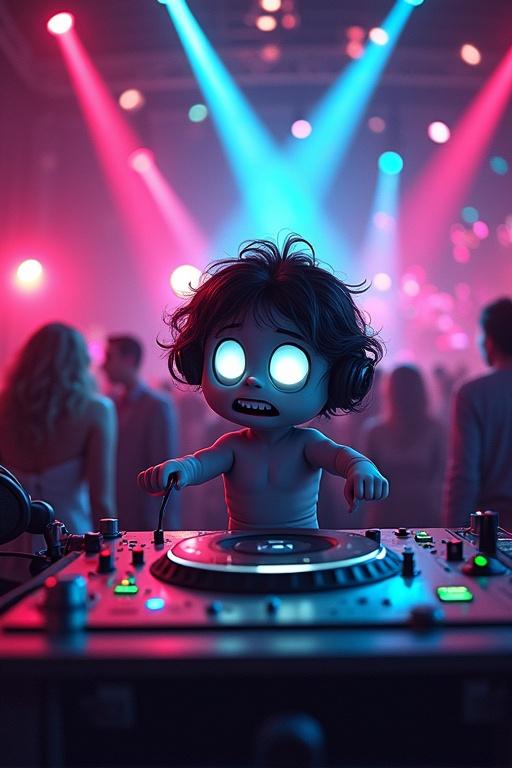 Dark humor poster features wedding reception with close up zoom. Caricature fantasy cartoon character DJ spins frantic music. Dancing cartoon characters surround DJ. Bright flashing lights dominate disco environment. Direct eye contact from character. Front angle perspective. Amanita Design Games style illustration.