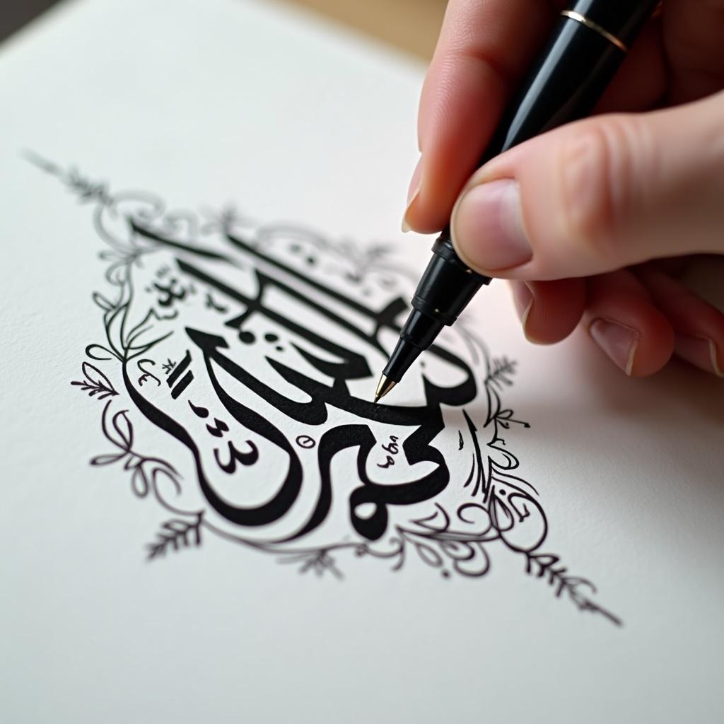 Close-up view of hand using pen to write Arabic calligraphy with bold black ink on white paper. Designs surround the calligraphy. Soft lighting enhances the strokes. Text reads حتى نارك جنة.