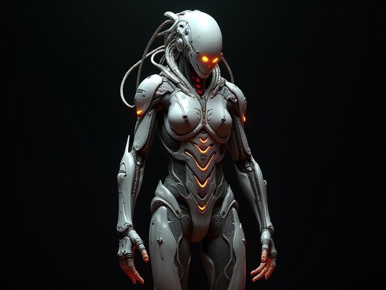 Humanoid robot in a sleek bio-organic mechanical suit. The suit appears silver with reddish-orange LEDs. The background is dark, emphasizing the details of the robot's design. Sharp mechanical parts and wires are prominent in the suit design.