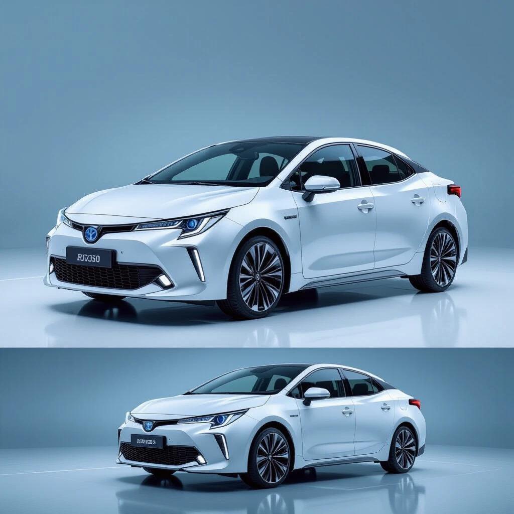 Futuristic model of the Toyota Corolla designed for the year 2050. The car features a sleek body with advanced aerodynamic contours. A hybrid vehicle showcasing a distinctive front grill and innovative LED lights. The image captures the vehicle in a studio with a clear blue background highlighting its modern aesthetic.