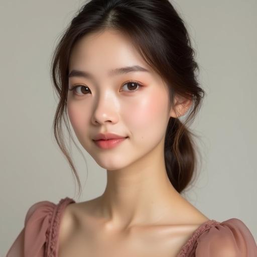 Highly detailed portrait of a young woman. Symmetrical face with sculpted cheekbones. Soft almond-shaped eyes with calm gaze. Flawless porcelain skin with warm undertones. Loose brown hair with slight waves. Serene expression with soft smile. Modest dress with low neckline. Upper body composition. Neutral background. Soft lighting emphasizing skin texture.