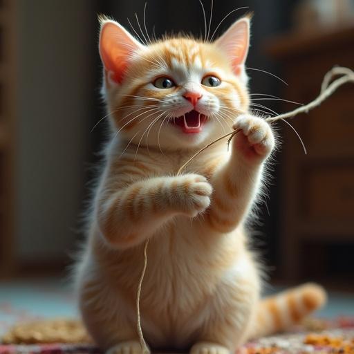 Realistic photo of a goofy cat playing with a string. The cat appears joyful and engaged. Details include its fluffy fur and bright eyes.