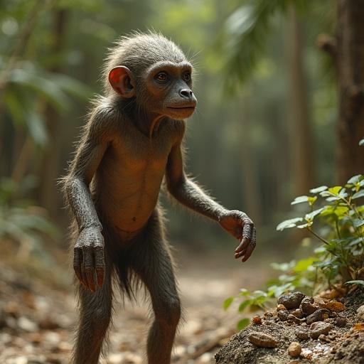 Young primate in a forest. Capturing hunting behavior. Similar to early humans. Natural setting.