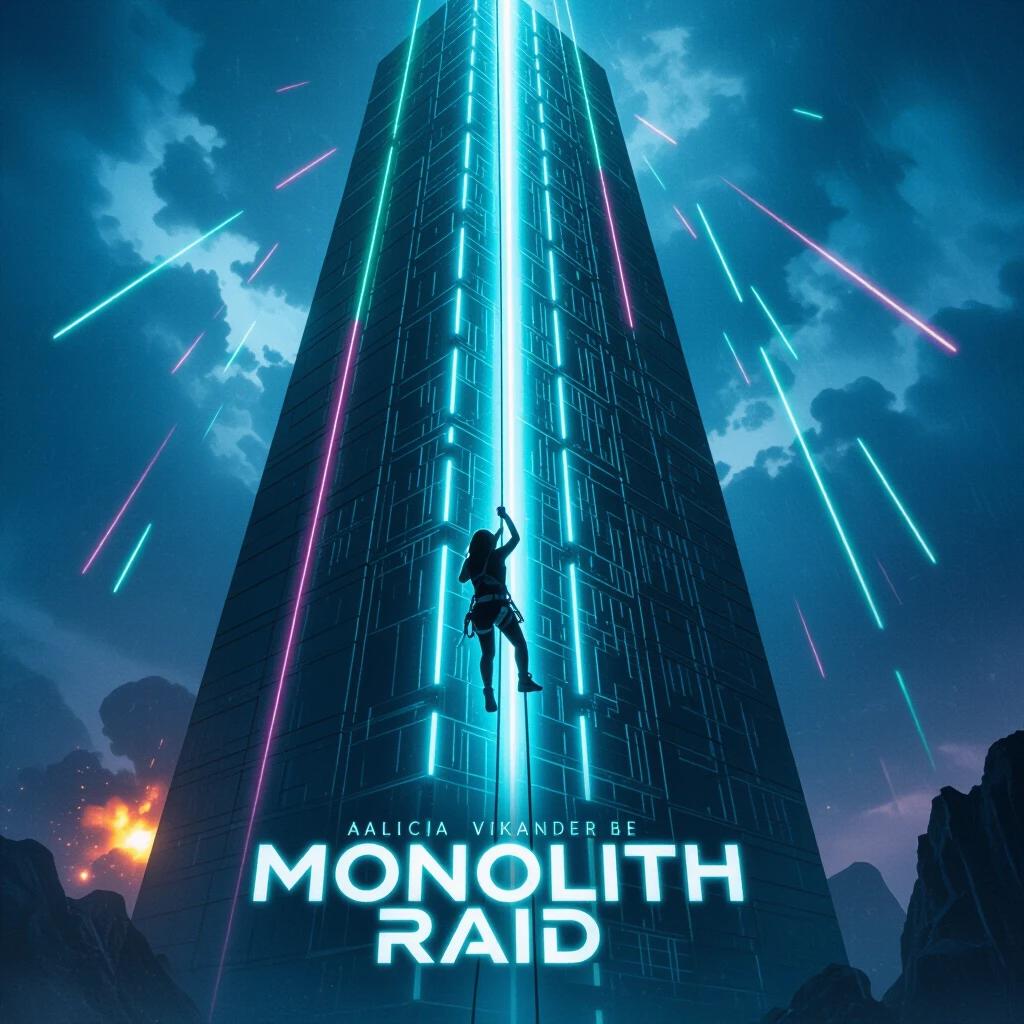 A sci-fi tower towers under a stormy alien sky. Alicia Vikander descends the glowing wall using high-tech gear. Laser fire streaks around her. The scene features distant explosions. The lighting is a striking silver-blue. The atmosphere is tense and thrilling.