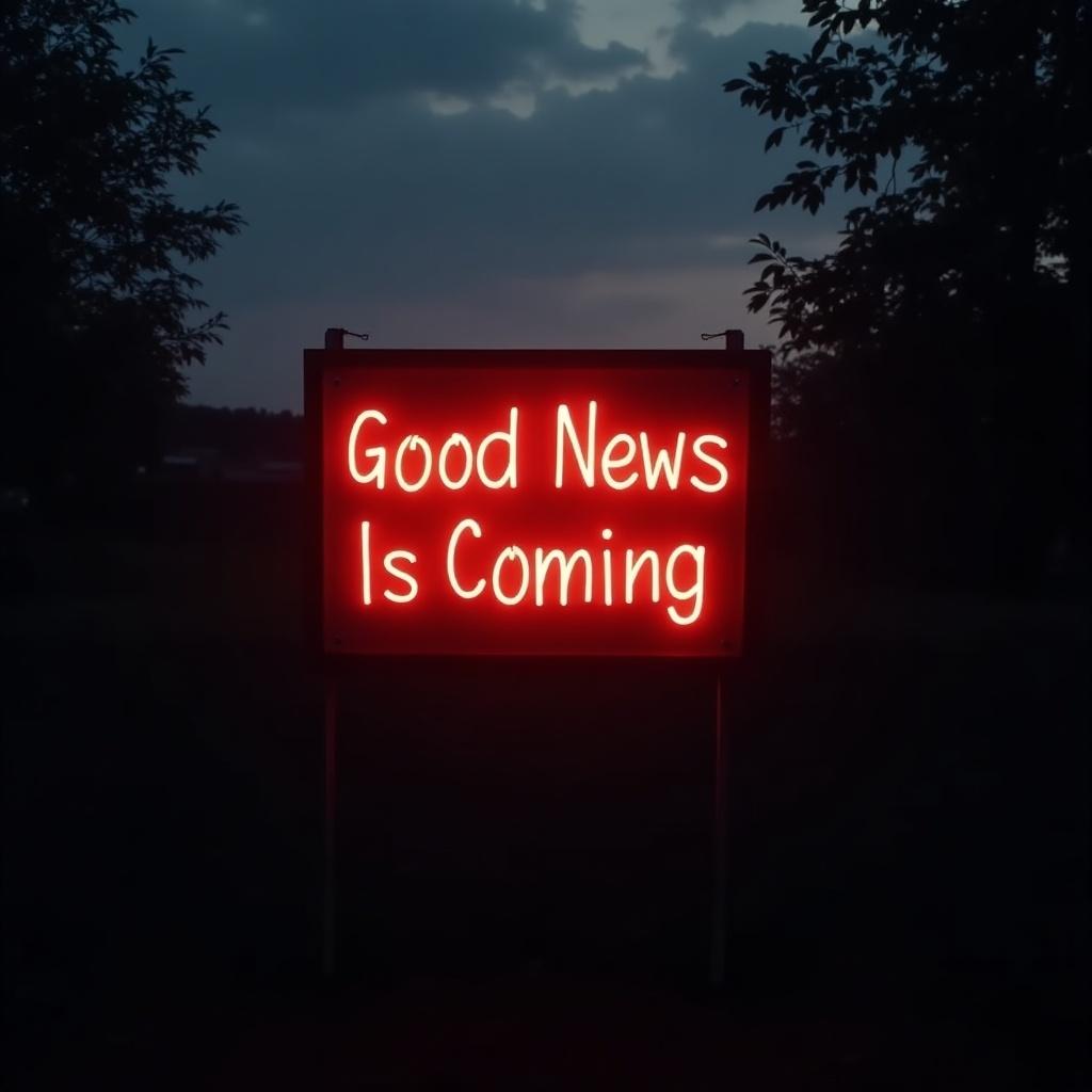 A glowing red sign displays the message 'Good News Is Coming'. The sign stands boldly against a backdrop of dark, cloudy skies. The atmosphere exudes hope and positivity. The bright red color contrasts with the surrounding darkness. This image evokes a sense of optimism and awaits good news.