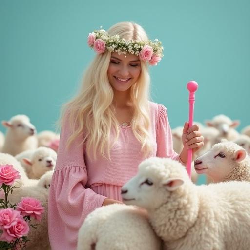 Photo featuring a beautiful blonde woman with a flower crown. She is smiling and petting a pink sheep. There are white sheep around her. The background is aqua color. Light pink rose bushes are present.