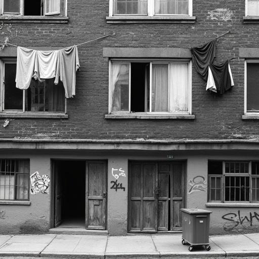 Documentary photograph depicts impoverished life in urban area featuring dilapidated brick apartment. Broken windows and peeling paint stand out. Clotheslines stretch between windows holding worn clothing. Overflowing metal trash bin on cracked sidewalk. Entrance shows exposed wooden boards where door should be. Graffiti covers building walls. Black and white with high contrast lighting and grainy texture.